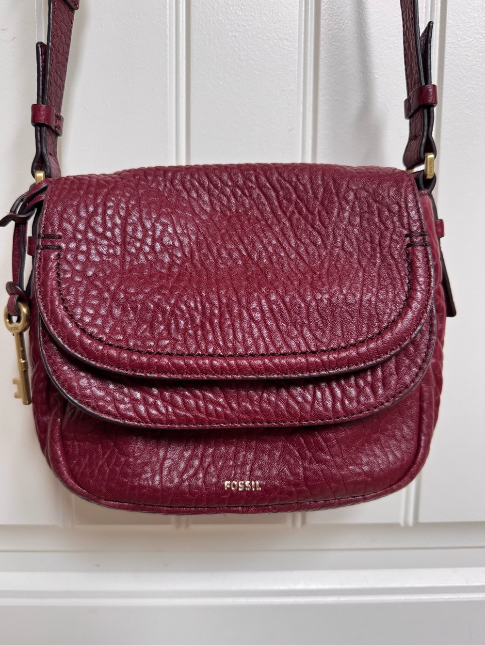Fossil Peyton Double Flap Burgundy Pebbled Leather Crossbody Bag. 9” by 7” by 3”